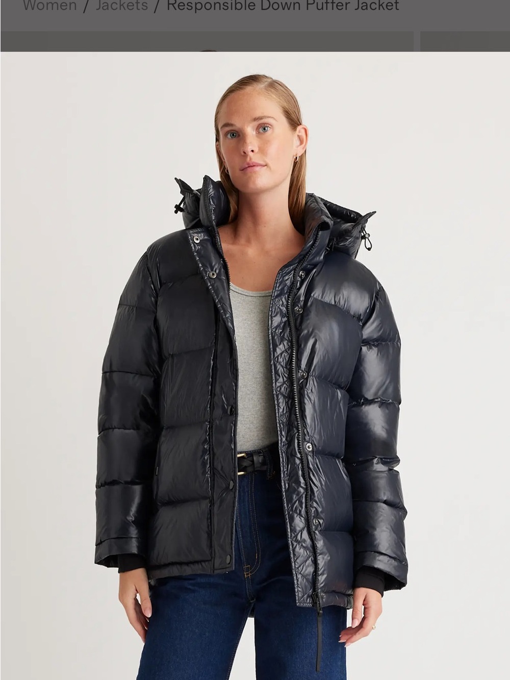 Quince Women's Shiny Black Puffer Jacket with Hood